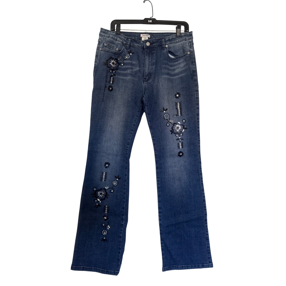 Jendo Womens Blue Embroidered Sequin Rhinestone Floral Jeans Size 12 N836M06